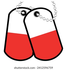 A pair of Polish military dog tags with chain over a white background showing the Poland national flag