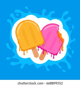 Pair popsicle ice creams vector illustration on blue splash background. Hot summer symbol, Bitten eskimo ice-cream flat icon with drop drips. 