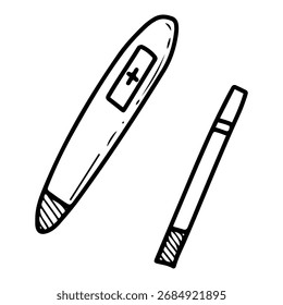 Par de testes de gravidez positivos. Vetor de rabiscar desenhado à mão. Equipamento médico. Ilustração de arte de linha.