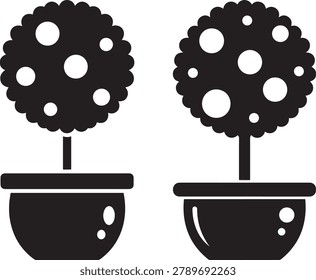 Pair of potted decorative tree silhouettes. Round topiary shape. Vector icon set. Isolated.