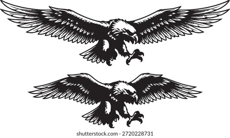 Par de poderosas ilustraciones de águila calva en blanco y negro en pleno vuelo con garras extendidas, que simbolizan la fuerza y la libertad.