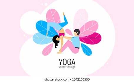 Pair practicing yoga. Flat vector illustration