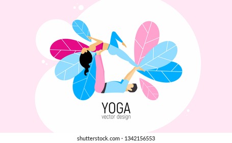 Pair practicing yoga. Flat vector illustration