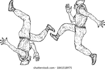 A pair of prancing male dancer. Hand drawn vector illustration.