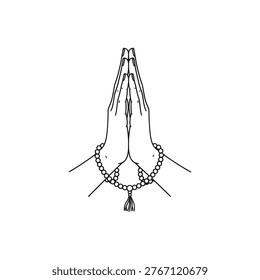 A pair of praying hands adorned with a mala bead necklace in a peaceful gesture