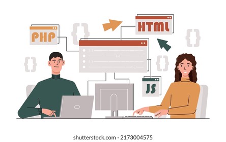 Pair programming concept. Man and woman write code at computers, developers of programs and applications. Freelancers or remote employees, colleagues at workplace. Cartoon flat vector illustration