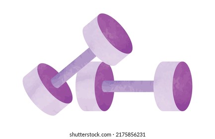 Pair of purple dumbbells clipart. Two plastic coated dumbbells watercolor style vector illustration isolated on white background. PCV gym dumbbell cartoon vector design. Plastic coated hand weights