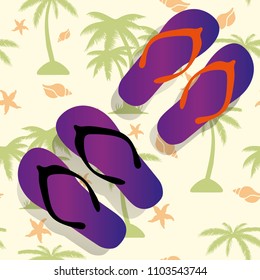 A pair of purple sandals for the beach, against the background of palm tree and sea shell, vector
