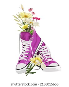 Pair of purple sneakers with wild flowers. Hand drawn fashion realistic vector illustration.