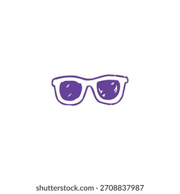 A pair of purple sunglasses are centered on a solid white background, drawn in a simple style.