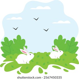 Pair of Rabbit are Playing in Green field concept, Bunny Racing at farmland vector color icon design, Pet foster and hotel Symbol, kennel animals Sign, Human-animal interaction scene illustration