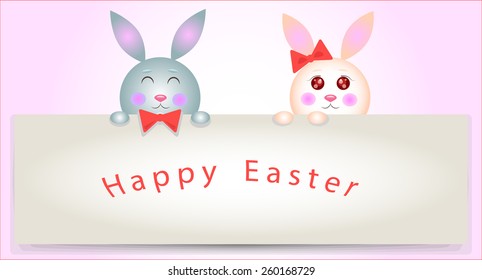 A pair of rabbits holding a sign with a wish Happy Easter