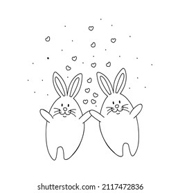 A pair of rabbits in love hold each other's hands. They are on the background of hearts. Valentine's day concept. Vector illustration hand drawn in doodle style.