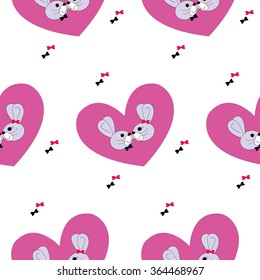 A pair of rabbits on a background of pink heart. Lovers rabbits with bows. Seamless pattern