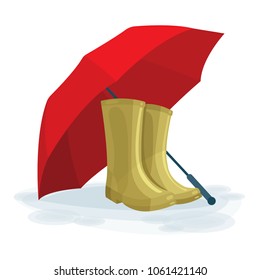 A pair of rain boots and an umbrella isolated on white background.
Rain boots and umbrella vector illustration.