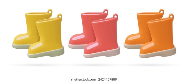 A pair of rain rubber boots. 3D Realistic minimal red, yellow and orange footwear icons set. Three dimensional vector illustration isolated on white background.