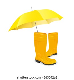 A pair of rainboots and an umbrella on a white background