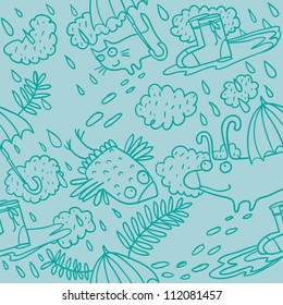 A pair of rainboots, umbrella,bird,dog and cat as pattern background
