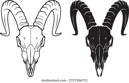 Paar Rammschädel in zwei verschiedenen Stilen präsentiert. Eine zeigt eine komplizierte Linienzeichnung, die die Skelettdetails und die Krümmung der Hörner hervorhebt. Die andere ist eine krasse, solide schwarze Silhouette, die eine vereinfachte, aber kraftvolle Darstellung der Schädelform bietet.