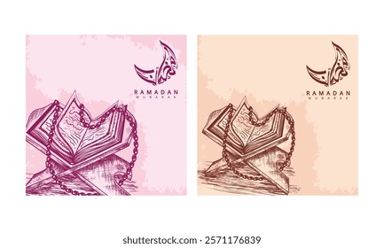 A pair of Ramadan Mubarak greeting cards feature a sketch of an open Quran on a stand with prayer beads and a crescent moon.