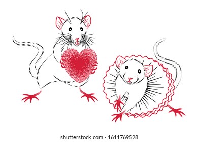 Pair of rats for decoration for Chinese New Year, Valentine's Day, other events. Banner, greeting card, invitation design, sticker, print for textiles and clothes. Typographic design: two colors. Eps8