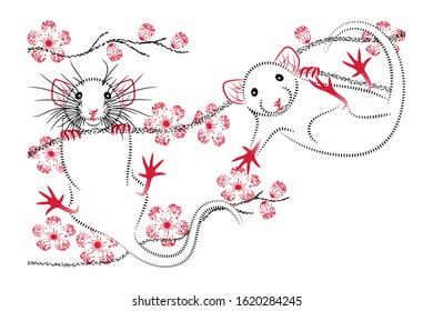 Pair of rats on the branches of blossoming sakura. Chinese New Year, Valentine's Day Symbol Design.  Banner, greeting card,  invitation design, print for textiles. Typographic design: two colors. Eps.