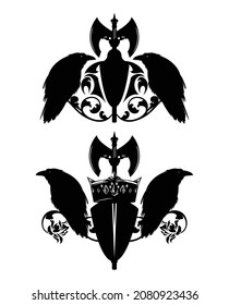 pair of raven birds by heraldic shield with battle axe, king crown and rose flowers decor - black and white vector coat-of-arms design set