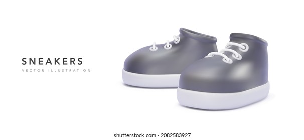 Pair of realistic black 3d sneakers with shadow isolated on white background. Vector illustration