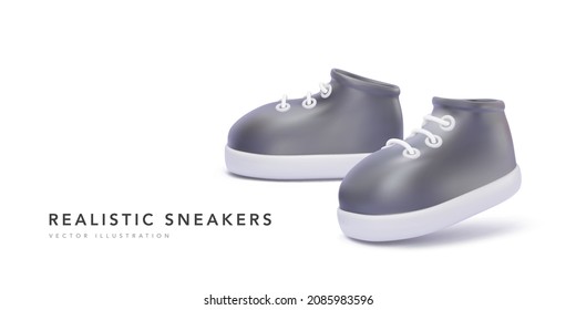 Pair of realistic black 3d sneakers in different positions with shadow isolated on white background. Vector illustration