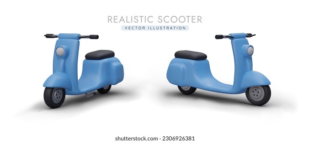 Un par de scooters azules realistas. Vehículo maniobrable, conveniente para uso personal, entrega. Forma moderna de moverse por la ciudad y fuera de ella. Imagen 3D de la motocicleta eléctrica