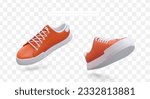 Pair of realistic sneakers. Colorful stylish modern lace up shoes. Sports style, high sole. Isolated vector illustration, top and bottom view. Idea for shoe store