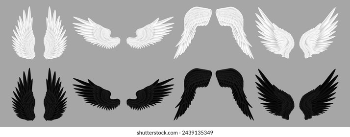 Par de alas realistas de criatura animal o ficticia, personaje o personaje de juego. Vector de fantasía o activos mágicos, plumelets de color blanco y negro. Demonio y ángel, decoración de plumas