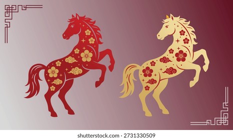 Par de caballos de cría Patrón de nube floral Oro rojo Zodiaco chino Año Nuevo Decoración de Ilustración vectorial Festival de primavera Símbolo de diseño de arte