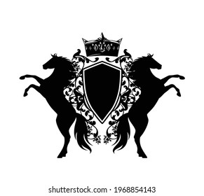 pair of rearing up horses with royal crown and shield among rose flowers - black rampant animals with heraldic vector design elements over white