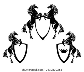 pair of rearing up mustang horses holding shield with royal crown - black rampant animals heraldic vector design set