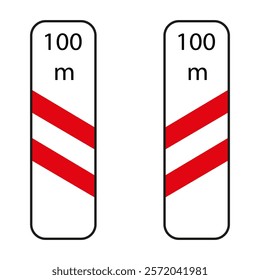 Pair of rectangular traffic signs with red and white stripes, indicating a railway level crossing located 100 meters ahead.