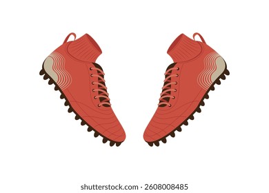Pair of red American football cleats with spikes for strong grip on grass field surfaces.