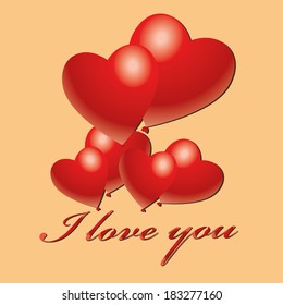 a pair of red balloon hearts and some text in yellow background