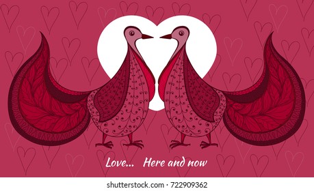 A pair of red birds on the background of a large white heart and small pink hearts