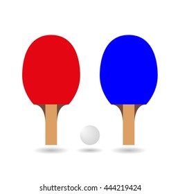 Pair of red and blue ping-pong rackets and ball on white background. Vector