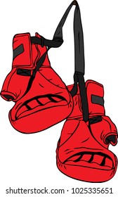 a pair of red boxing gloves hanging on a nail isolated on a white background