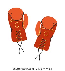 Pair of red boxing gloves, vector icon. Leather sportswear for the ring, tournament, battle, kickboxing. Protection of hands from impacts, gym accessory. Hand drawn doodle, sports clipart