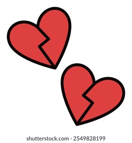 Pair of Red Broken Hearts vector Divorce or Heartbreak concept colored icon or sign