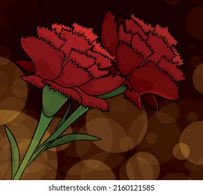 Pair of red carnations over dark background and glows like night lights.