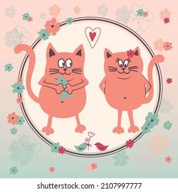 Pair of red cat in love, postcard for Valentine's Day, spring, love, cats, hearts, flowers