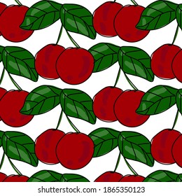 a pair of red cherries with leaves on a branch