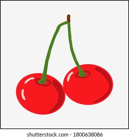 A pair of red cherries on a white background