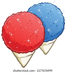 A pair of red cherry and blue raspberry snow cone frozen desserts cartoon vector illustration