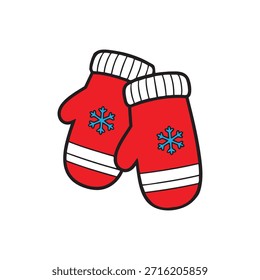 Un par de guantes de invierno de Navidades rojas con patrones festivos como copos de nieve o rayas. Estilo acogedor y alegre, perfecto para ilustraciones de temática navideña, tarjetas de felicitación, publicaciones en redes sociales, Anuncios y diseños invernales.