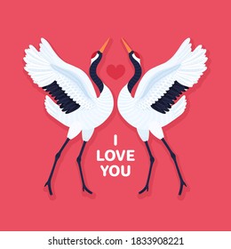 Paar aus roten Kranichkranen und Herz. Hintergrund mit tanzenden ostasiatischen Vögeln. Liebe und Romantik. Valentinstag Design. Karte, Druck auf T-Shirt und andere Bekleidung, Deckel, Banner, Plakat, Etikett. Vektorgrafik